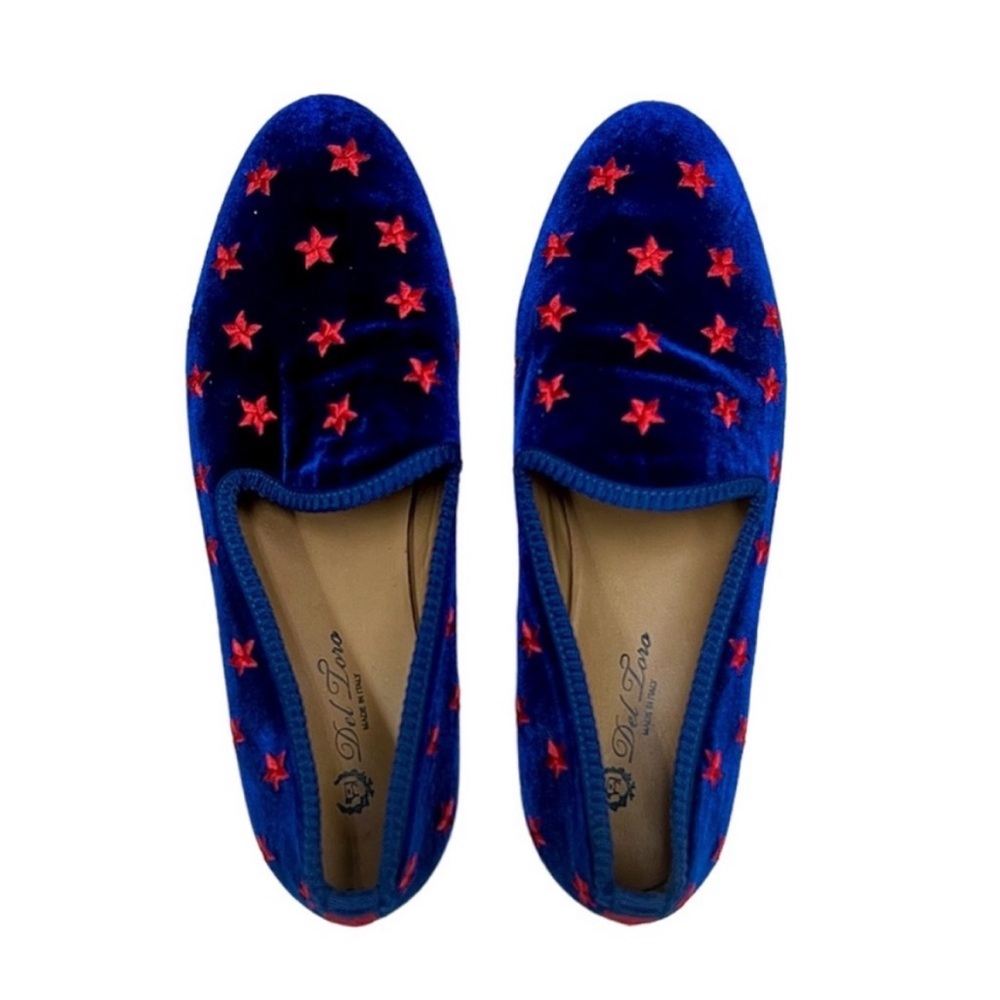 Del Toro Blue Velvet Loafers with Red Stars